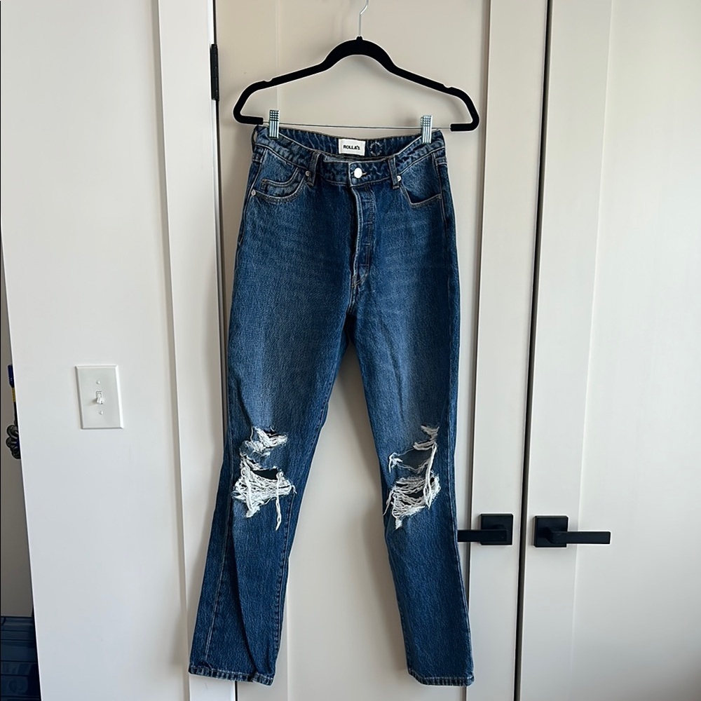 ROLLA'S Blue Straight Leg Jeans with Distressed Details